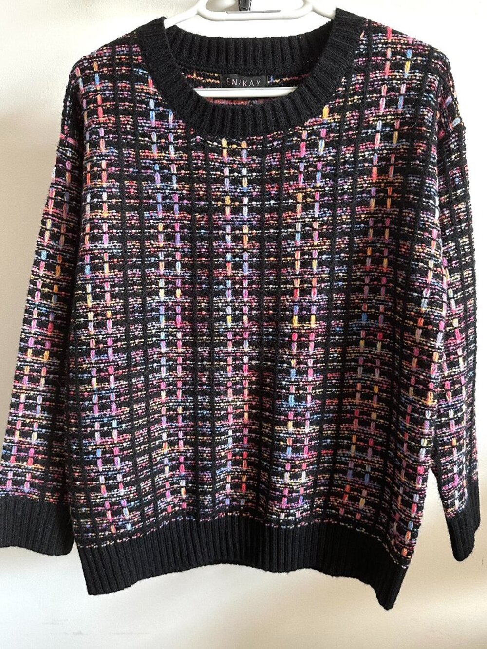 NWOT EN/KAY Multi-Color Grid Knit Crewneck Black Sweater Women's Medium
